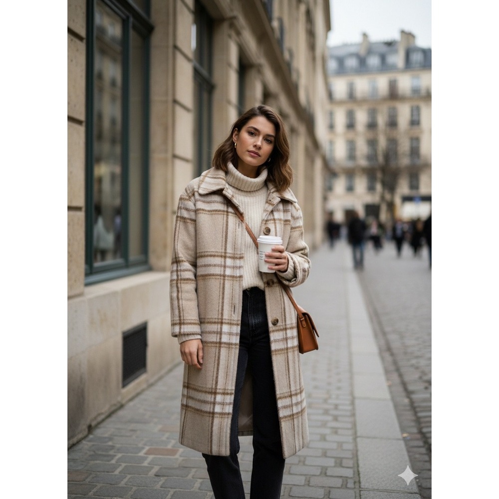 Womens‎ Neutral Plaid Wool Blend Longline coat Academia Parisian chic preppy S